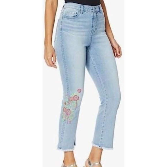 DG2 Diane Gilman Neon Embroidered Flare Crop Jeans Raw Hem 697-739 Midtone Size - Picture 1 of 4